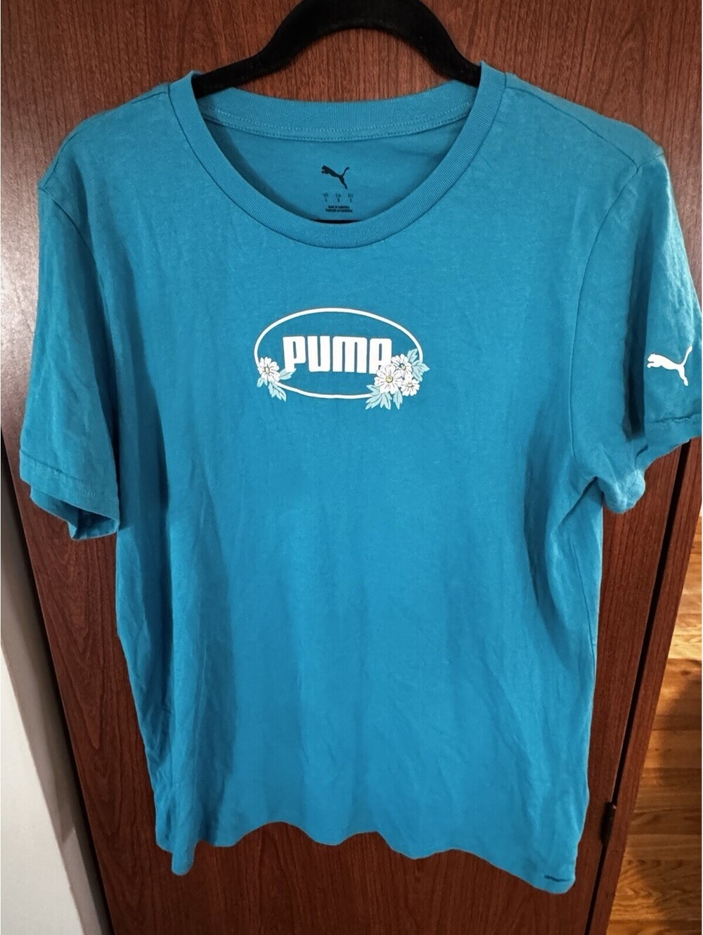 Puma Women’s L Blue Floral Logo Graphic T-Shirt Short Sleeve Cotton Tee